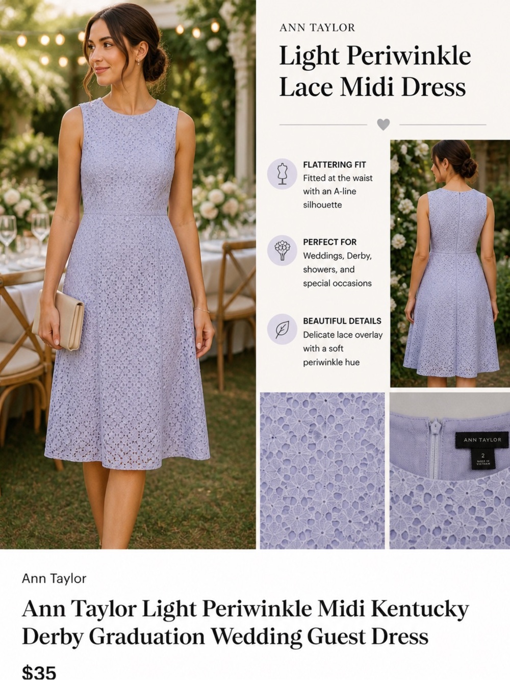 Ann Taylor Light Periwinkle  Midi Graduation Spring Wedding Guest Dress Size 2